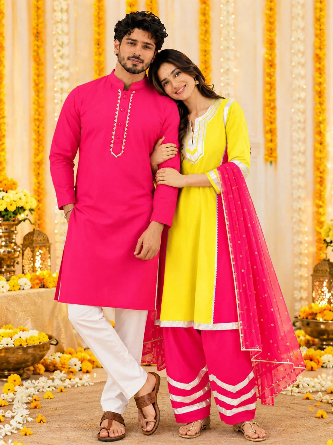 BownBee Colour Block Jam Cotton Matching Ethnic Couple Combo Set