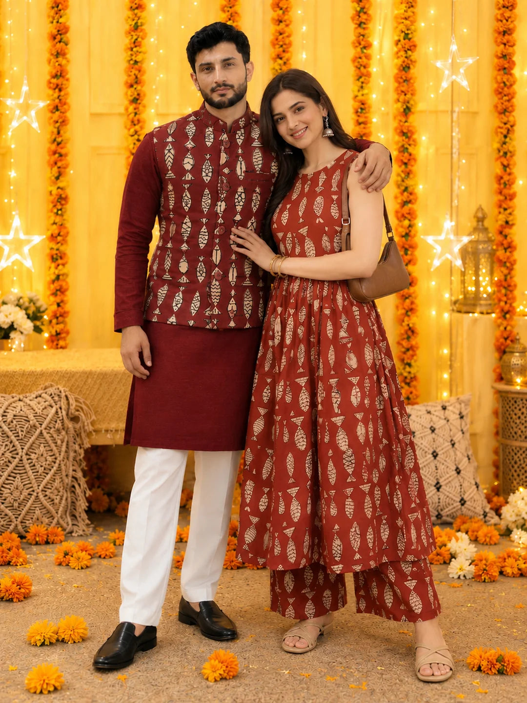 BownBee Fish Print Pure Cotton Matching Ethnic Couple Combo Set