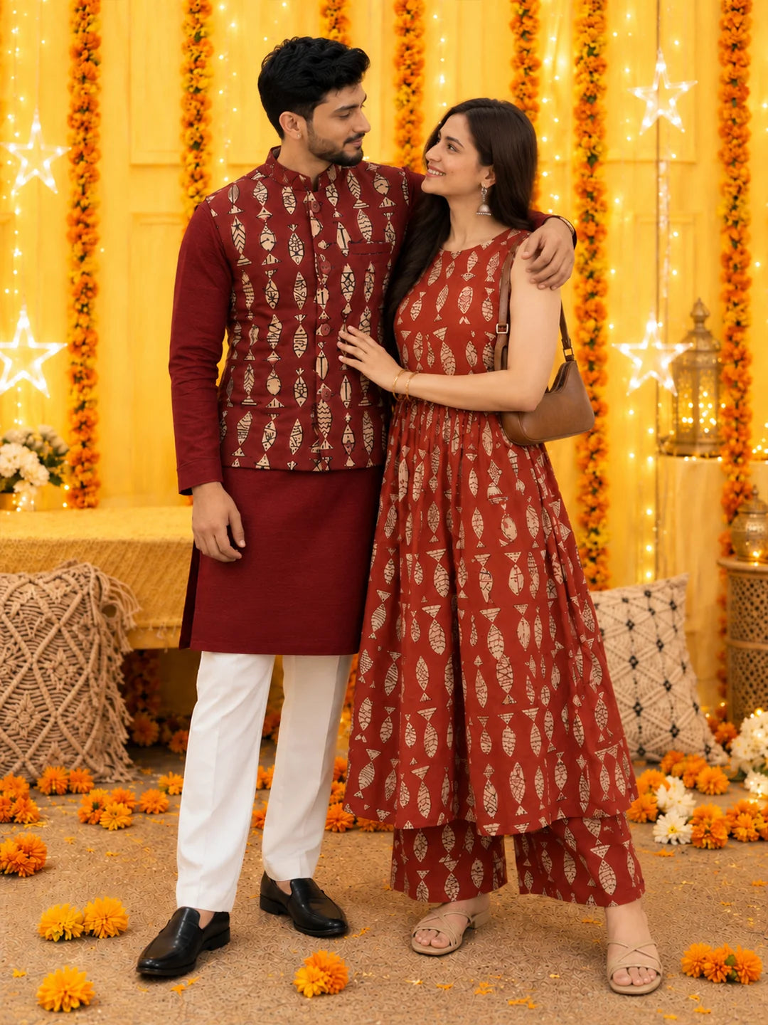 BownBee Fish Print Pure Cotton Matching Ethnic Couple Combo Set