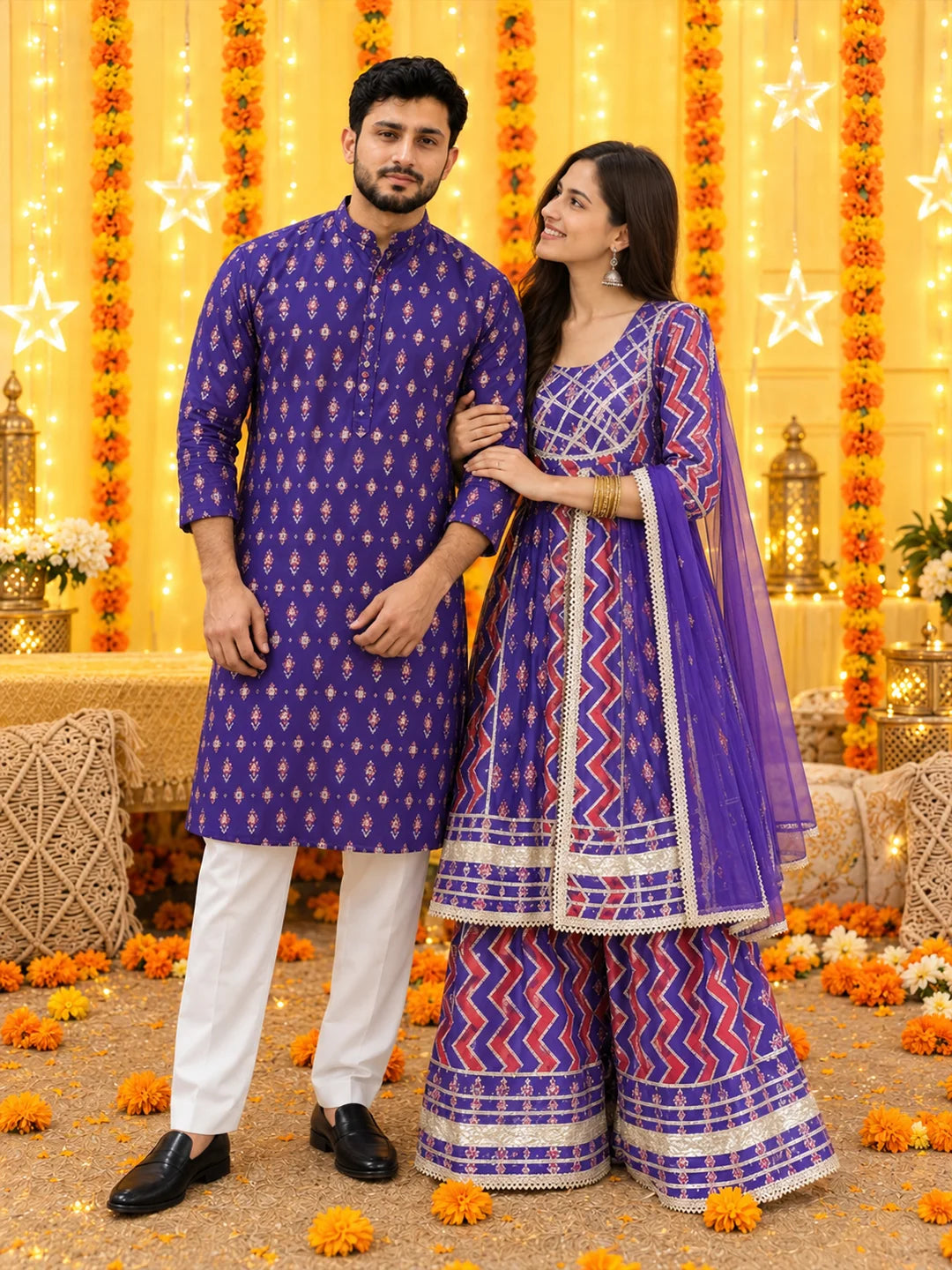 BownBee Geommetric Print Pure Cotton Matching Ethnic Couple Combo Set