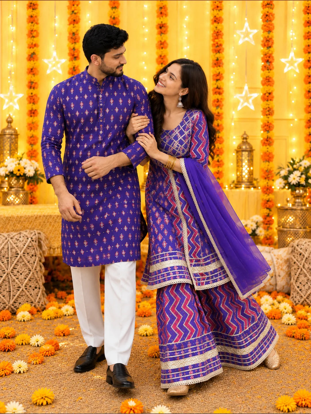 BownBee Geommetric Print Pure Cotton Matching Ethnic Couple Combo Set