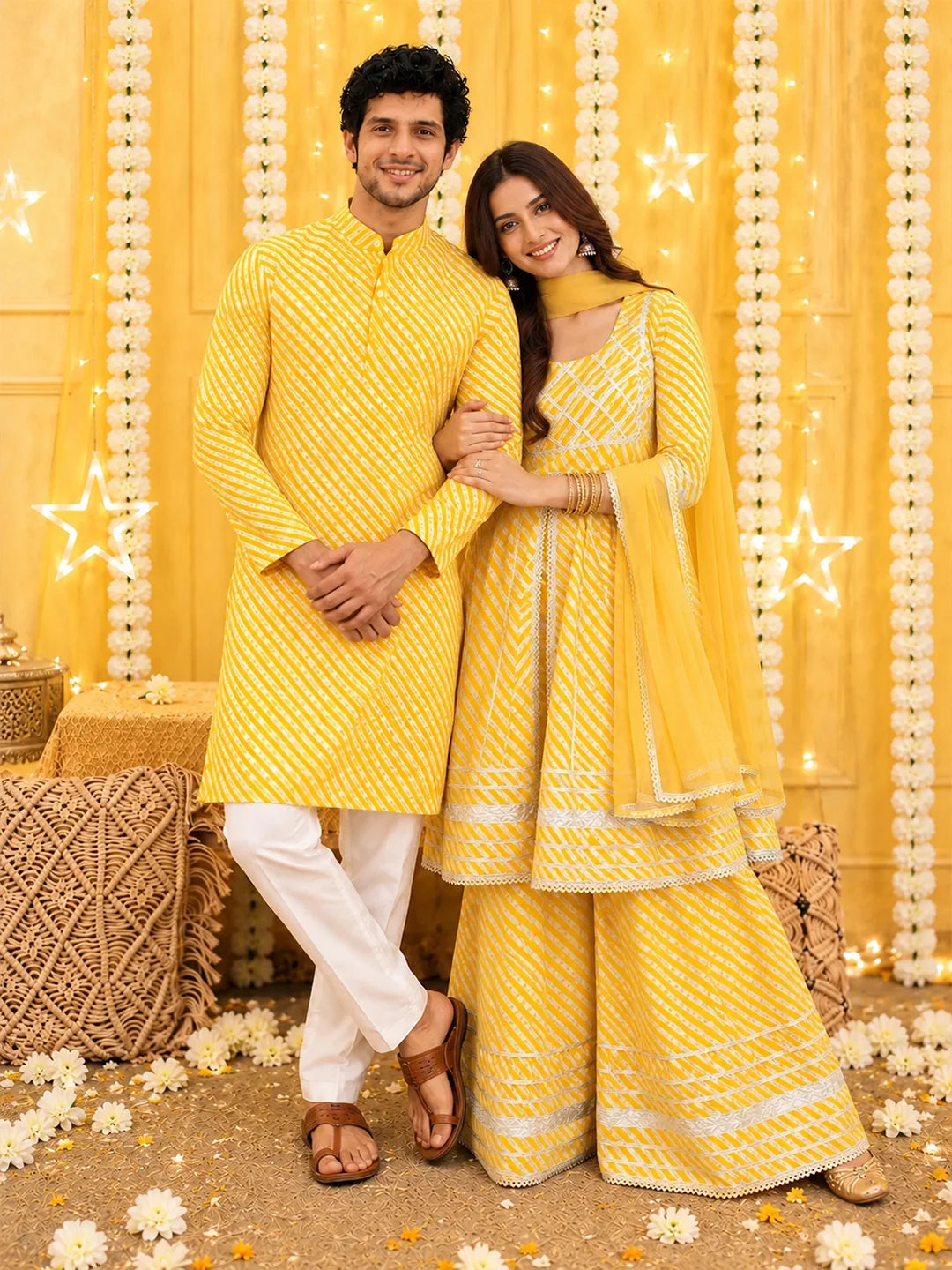 BownBee Leheriya Print Pure Cotton Matching Ethnic Couple Combo Set