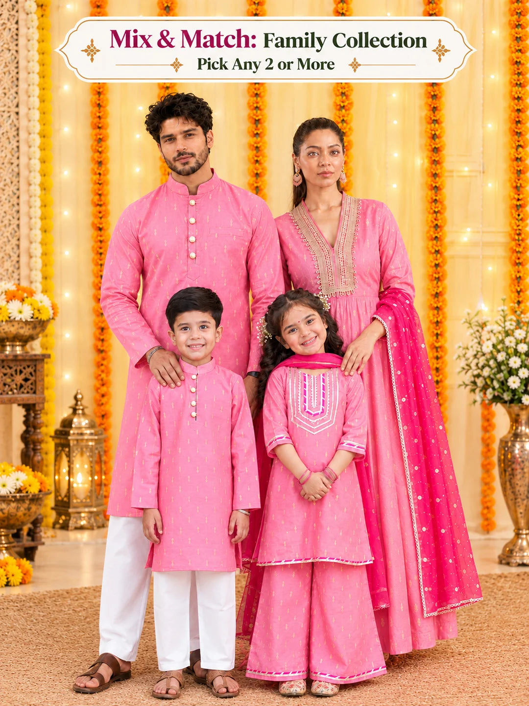 BownBee Noor-e-Gulabi Chanderi Family Matching Festive Wear Set