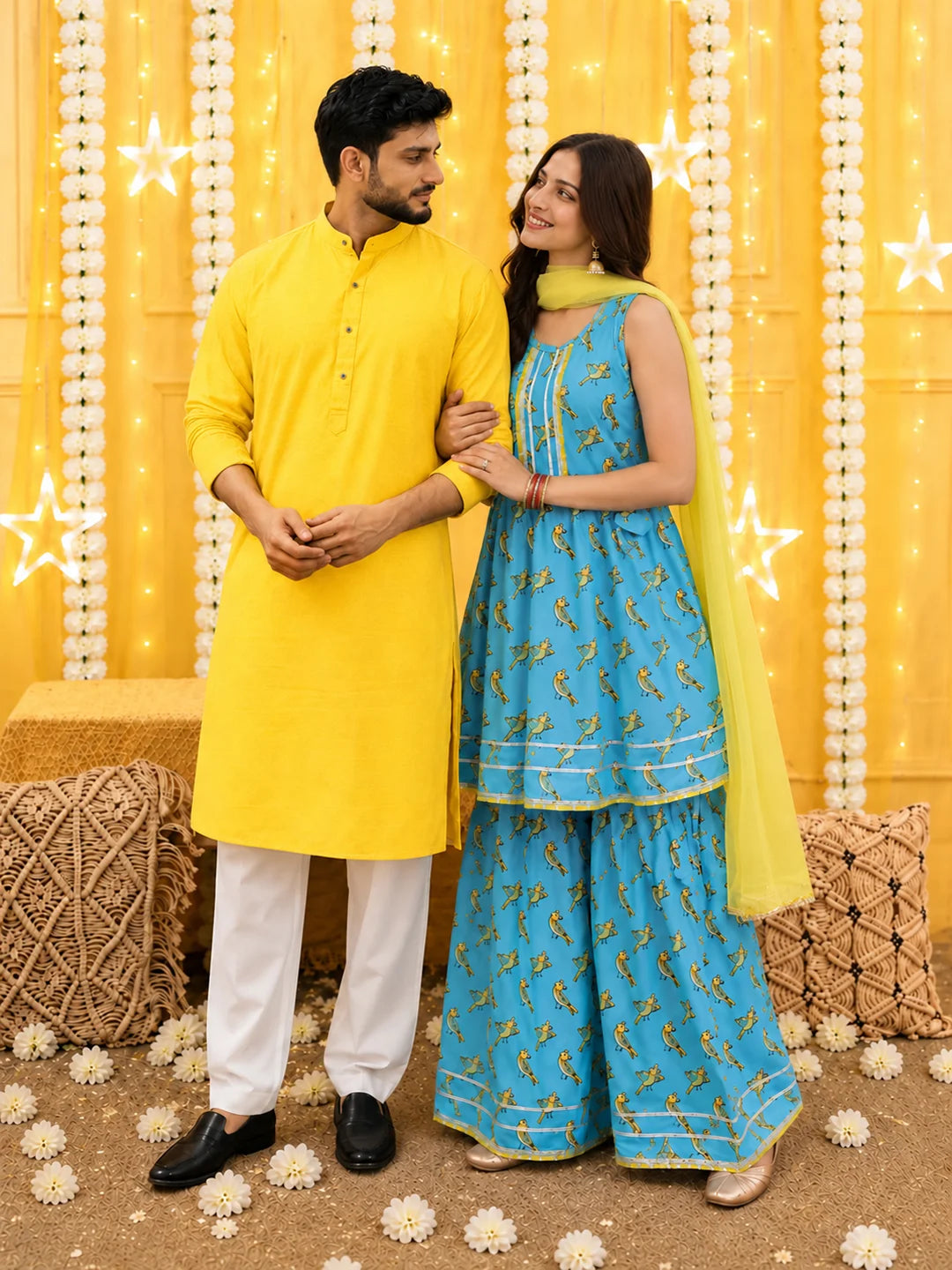 BownBee Parrot Print Pure Cotton Matching Ethnic Couple Combo Set