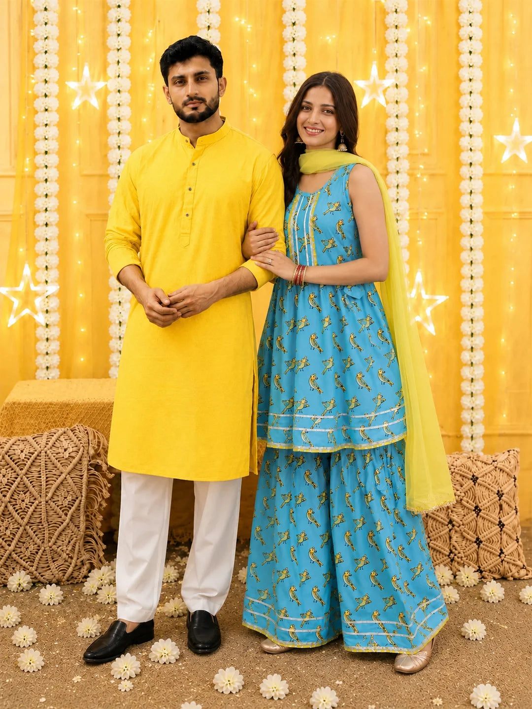 BownBee Parrot Print Pure Cotton Matching Ethnic Couple Combo Set