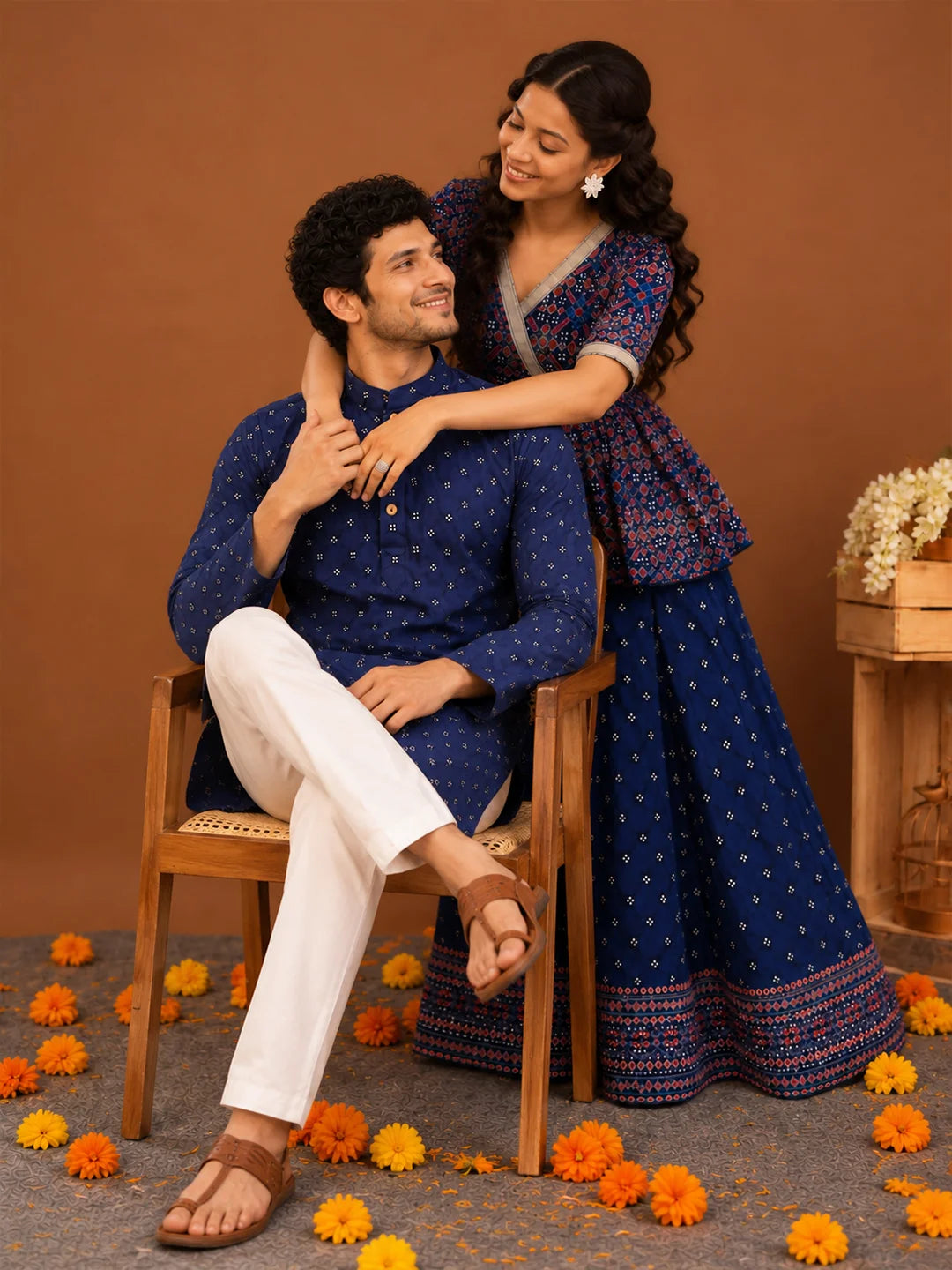 BownBee Patola Print Pure Cotton Matching Ethnic Couple Combo Set