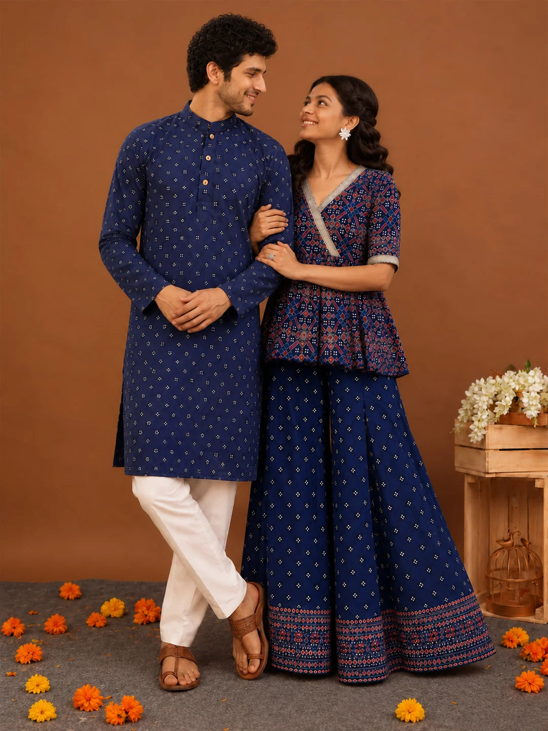 BownBee Patola Print Pure Cotton Matching Ethnic Couple Combo Set