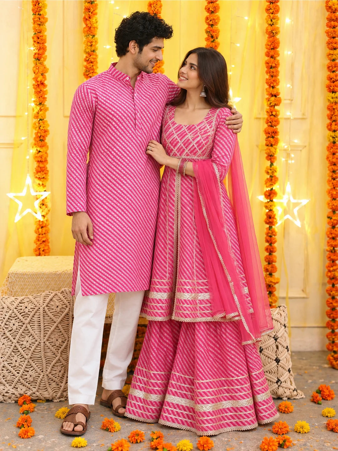 BownBee Pink Diagonal Stripe Print Pure Cotton Matching Ethnic Couple Combo Set