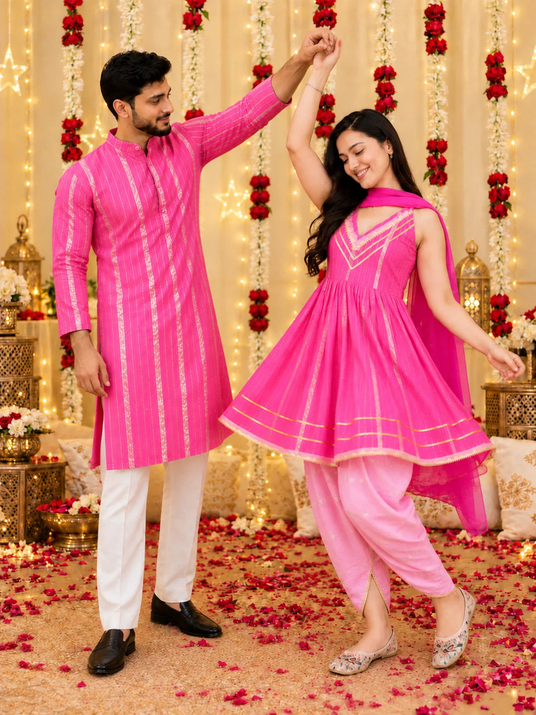 BownBee Pink Lurex Striped Cotton Matching Ethnic Couple Combo Set