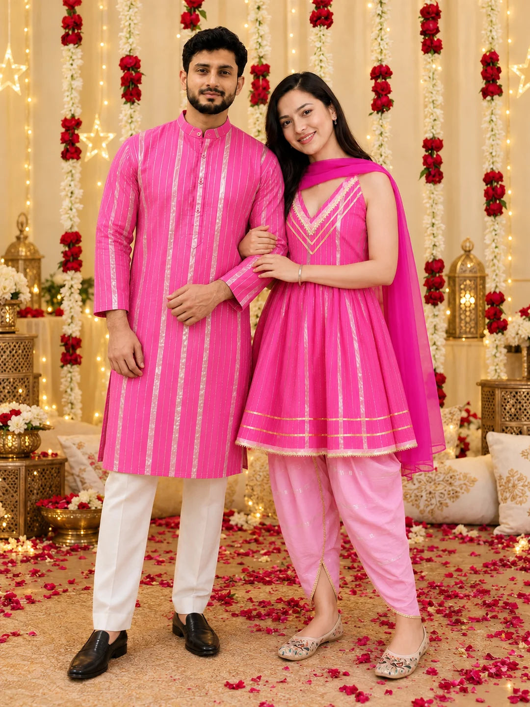 BownBee Pink Lurex Striped Cotton Matching Ethnic Couple Combo Set