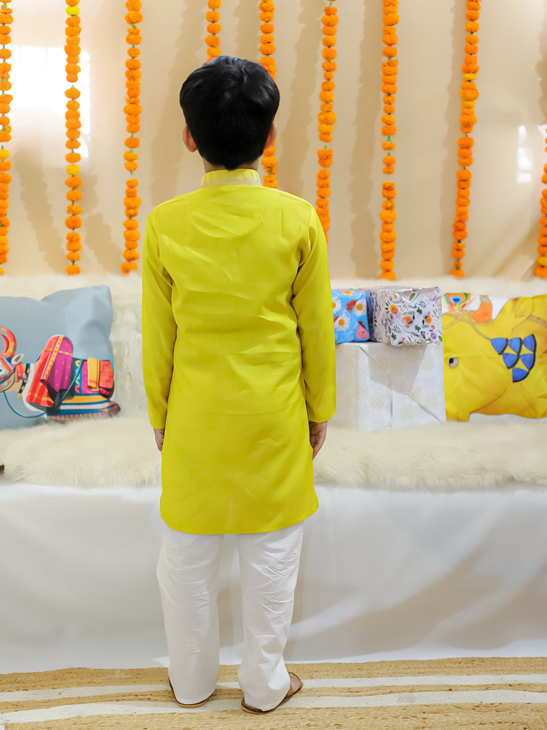 BownBee Pure Chanderi Embroidered Attached Jacket Kurta Pajama for Boys- Yellow