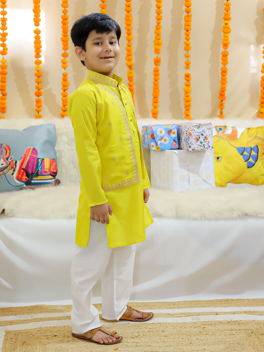 BownBee Pure Chanderi Embroidered Attached Jacket Kurta Pajama for Boys- Yellow