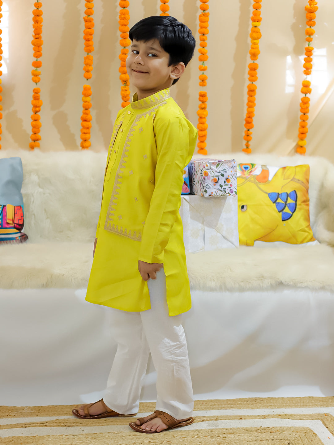 BownBee Pure Chanderi Embroidered Attached Jacket Kurta Pajama for Boys- Yellow
