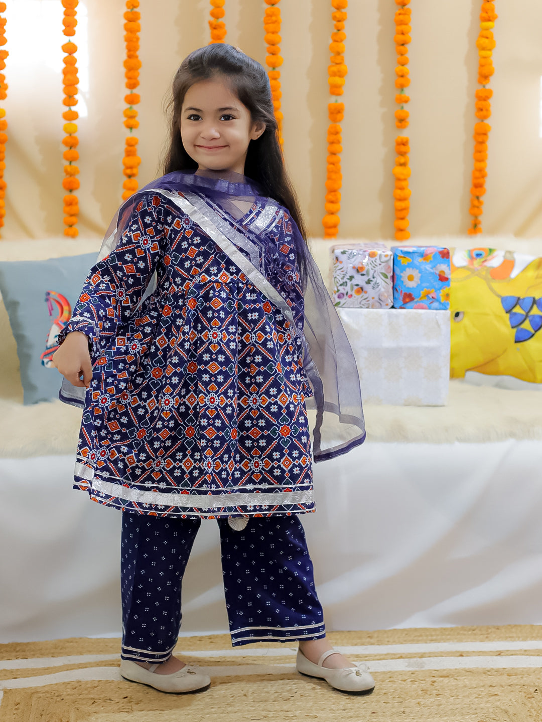 BownBee Sibling Set Pure Cotton Jacket Kurta Pajama with Angrakha Kurti Pant Dupatta Set- Indigo