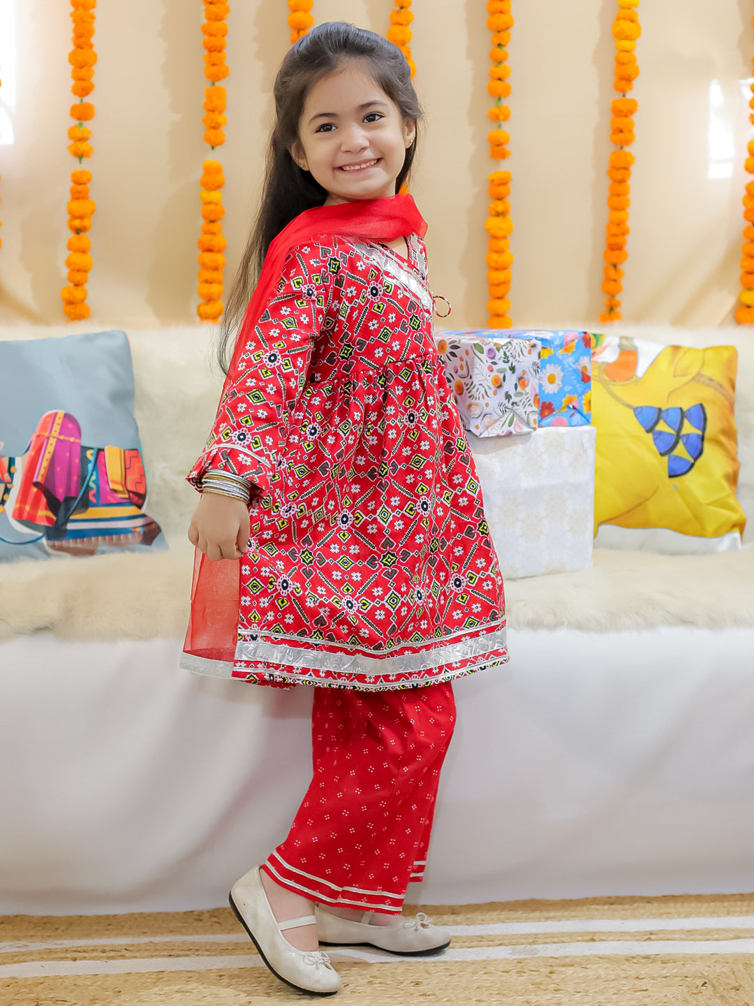 BownBee Sibling Set Pure Cotton Jacket Kurta Pajama with Angrakha Kurti Pant Dupatta Set- Red