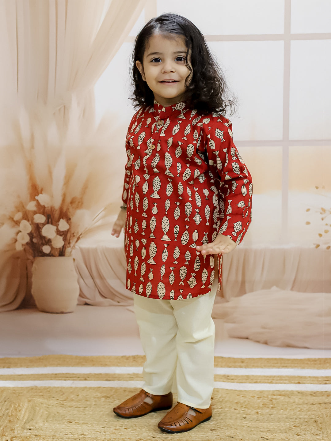 BownBee Sibling Set Fish Print Pure Cotton Kurta Pajama with Halter Neck Top Dhoti- Maroon