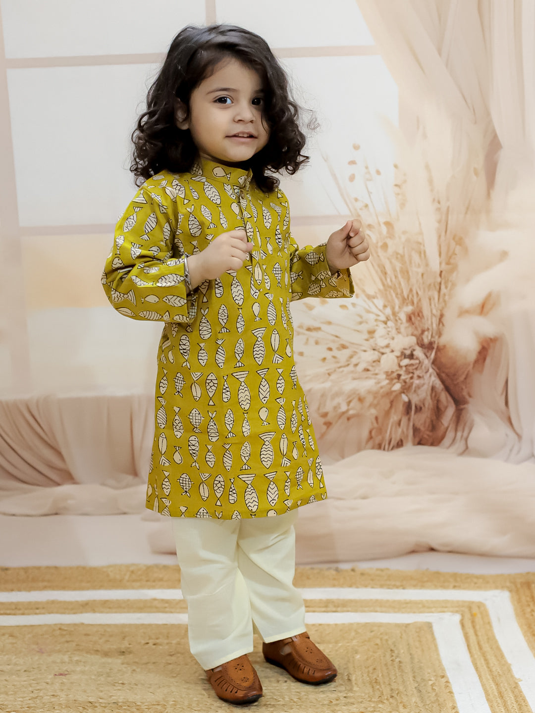 BownBee Sibling Set Fish Print Pure Cotton Kurta Pajama with Halter Neck Top Dhoti- Yellow