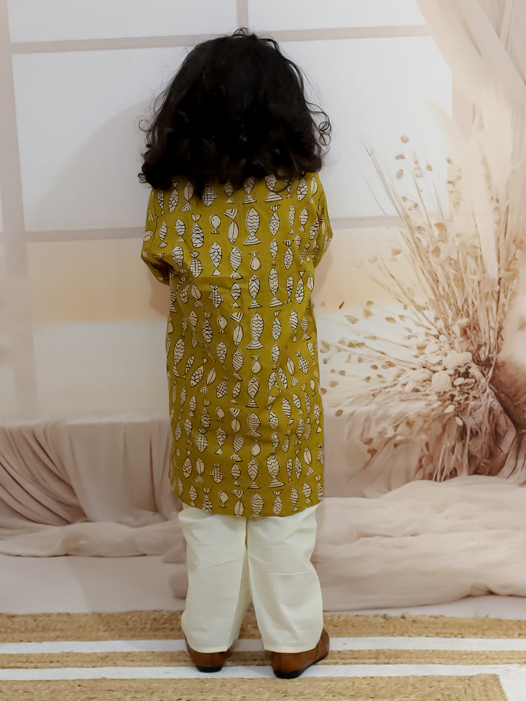 BownBee Sibling Set Fish Print Pure Cotton Kurta Pajama with Halter Neck Top Dhoti- Yellow