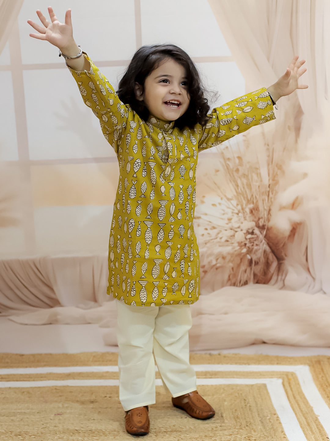 BownBee Sibling Set Fish Print Pure Cotton Kurta Pajama with Halter Neck Top Dhoti- Yellow