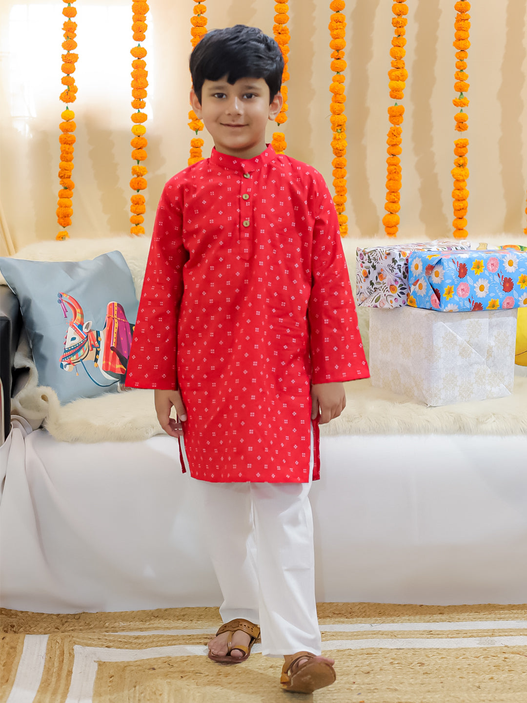 BownBee Sibling Set Pure Cotton Jacket Kurta Pajama with Angrakha Kurti Pant Dupatta Set- Red