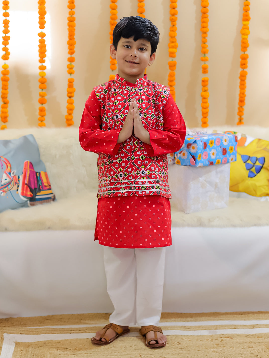 BownBee Sibling Set Pure Cotton Jacket Kurta Pajama with Angrakha Kurti Pant Dupatta Set- Red