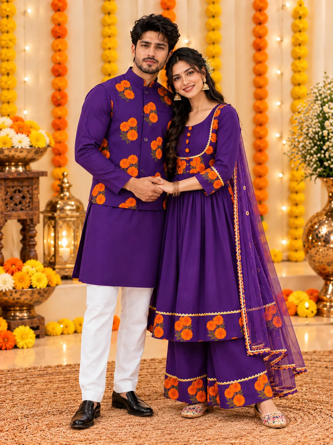 BownBee Royal Purple Genda Phool Pure Cotton Matching Ethnic Couple Combo Set