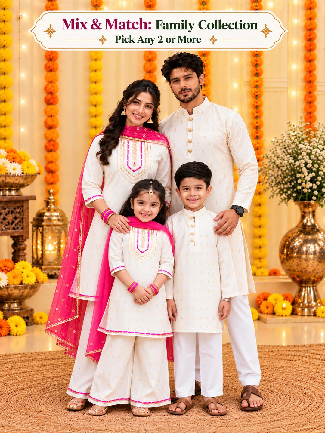 BownBee Sunehri Buti Chanderi Family Twinning Ethnic Combo Set