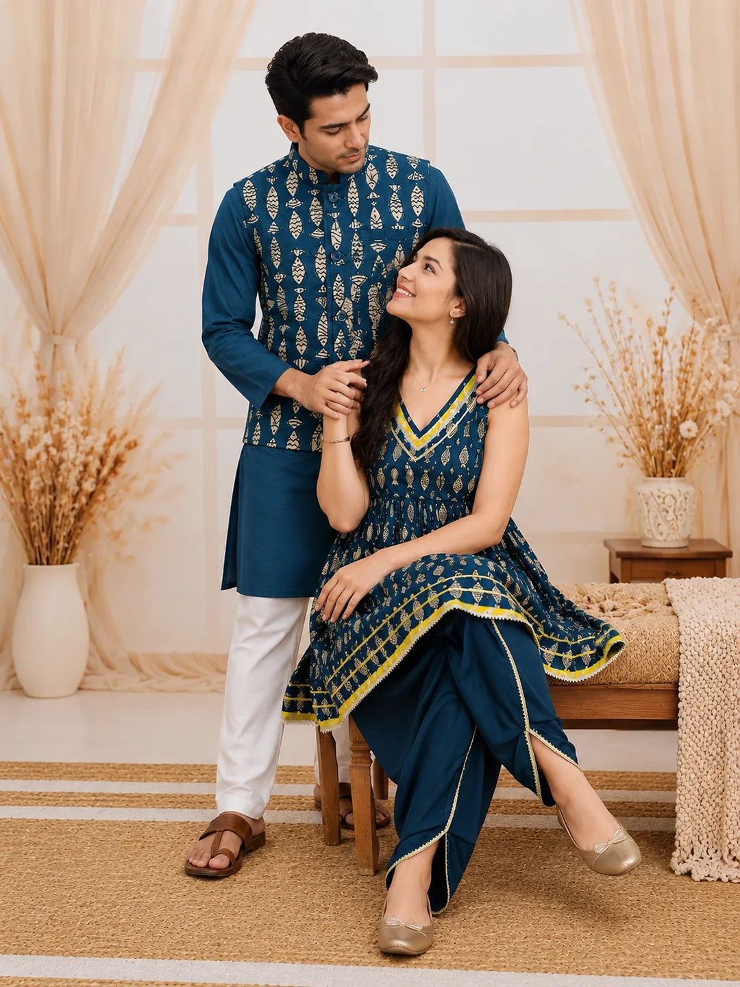 BownBee Teal Blue Fish Motif Print Pure Cotton Matching Ethnic Couple Combo Set