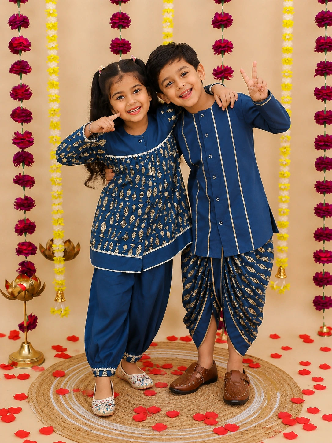 BownBee Festive Suit with Dhoti Kurta Sibling Set | Ethnic Wear for Brothers & Sisters – Blue