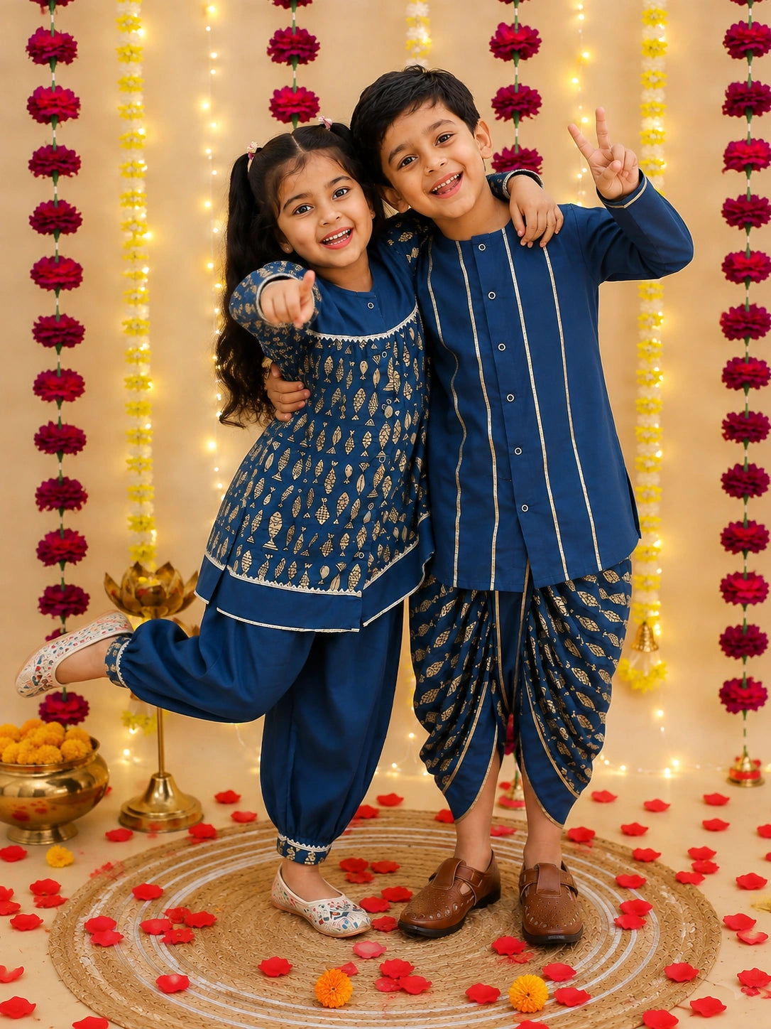 BownBee Festive Suit with Dhoti Kurta Sibling Set | Ethnic Wear for Brothers & Sisters – Blue
