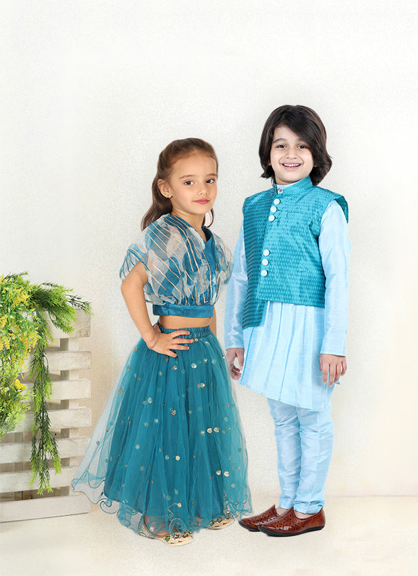 BownBee Assymetric Kurta Pajama with Jacquard Jacket for Boys and Organza Cape Top with Sequined Net Lehenga for Girls- Blue