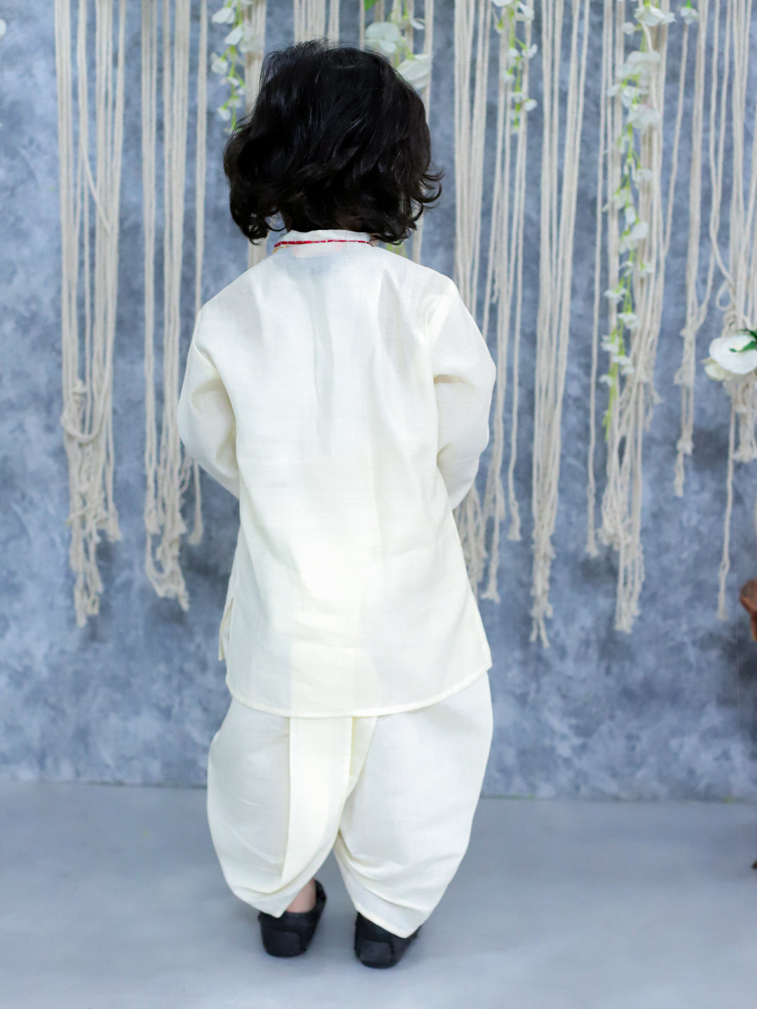 BownBee Embroidered Full Sleeve Dhoti Kurta & Salwaar Suit with Dupatta Sibling Set- White