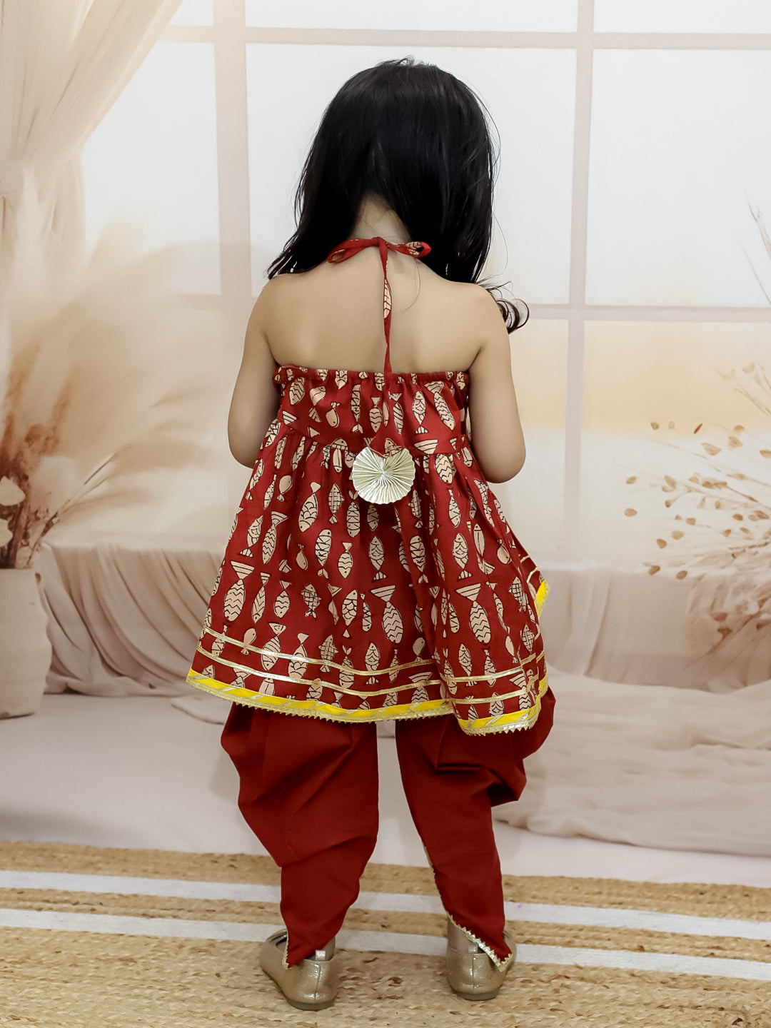 BownBee Sibling Set Fish Print Pure Cotton Kurta Pajama with Halter Neck Top Dhoti- Maroon