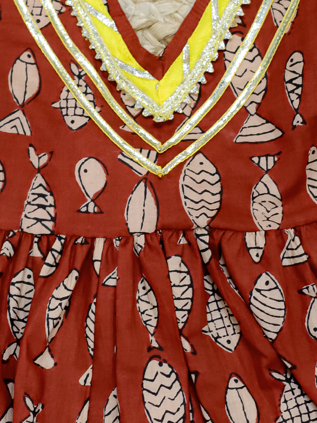 BownBee Sibling Set Fish Print Pure Cotton Kurta Pajama with Halter Neck Top Dhoti- Maroon