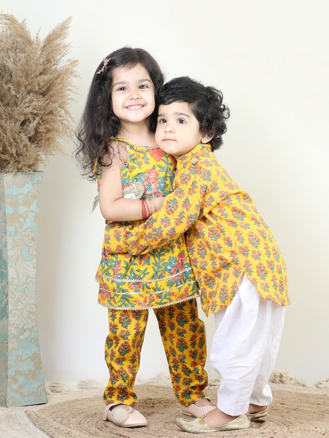 BownBee Sibling Set Printed Cotton Full Sleeve Pathani Salwar Set for Boys