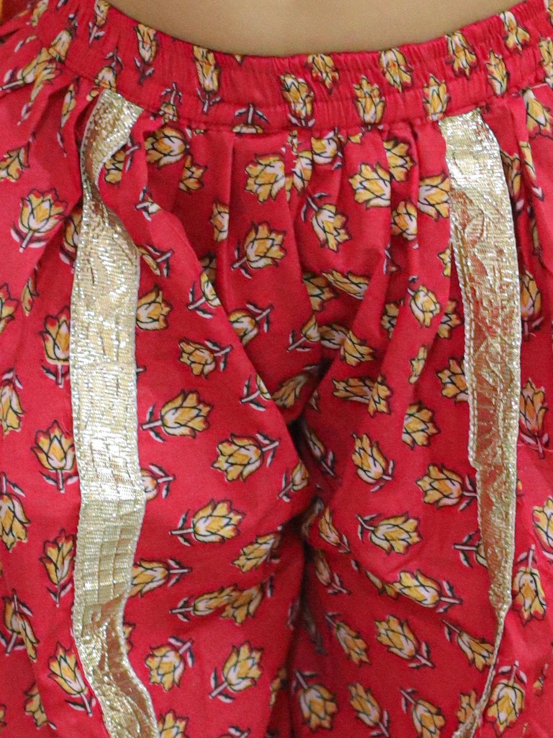 BownBee Sibling Set Pure Cotton Full Sleeve Printed Kurta with Printed Dhoti- Red with Pure Cotton 3/4th Sleeve Anarkali Kurta with Dhoti- Red