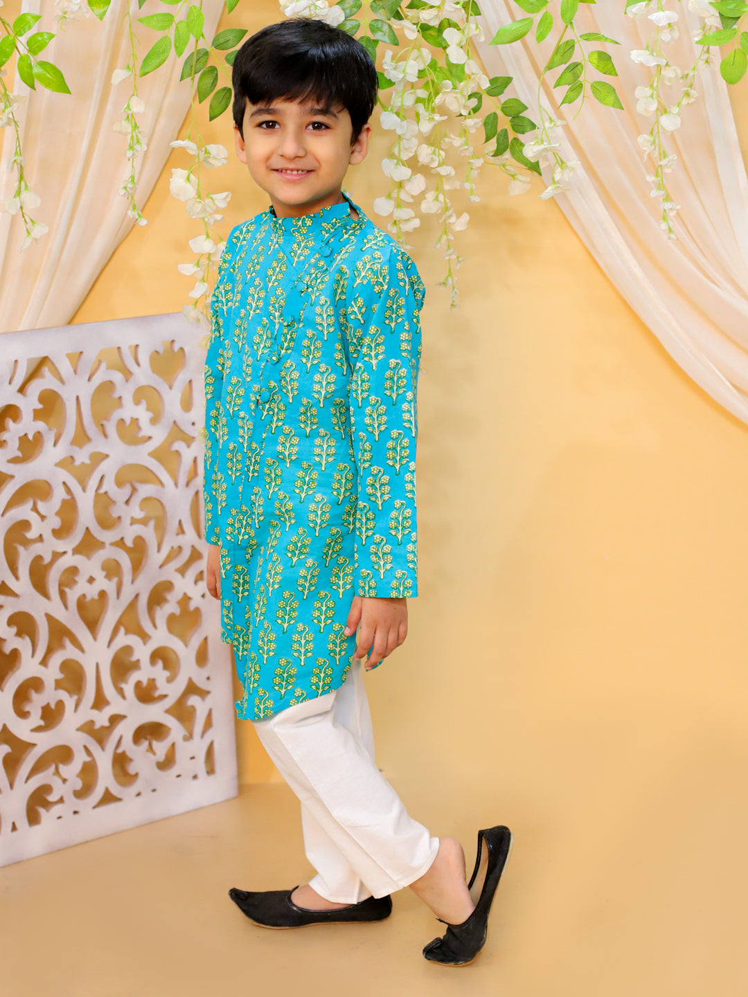 BownBee Asymmetric Front Open Kurta Pajama For Boys - Green