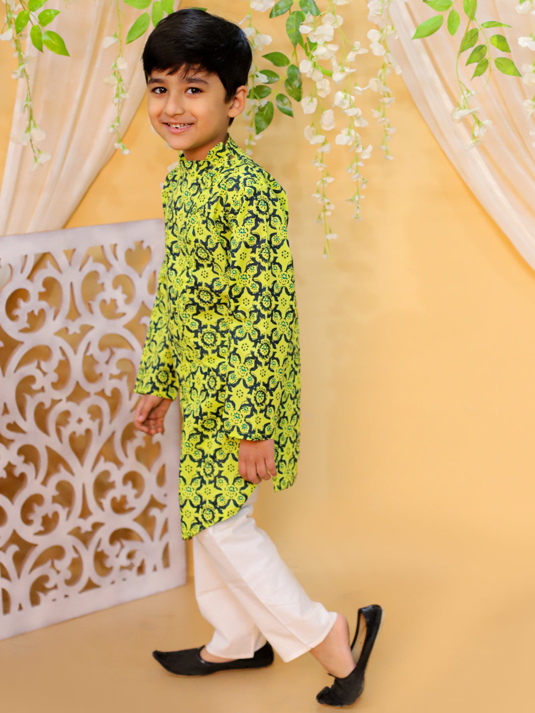 BownBee Asymmetric Front Open Kurta Pajama For Boy- Yellow