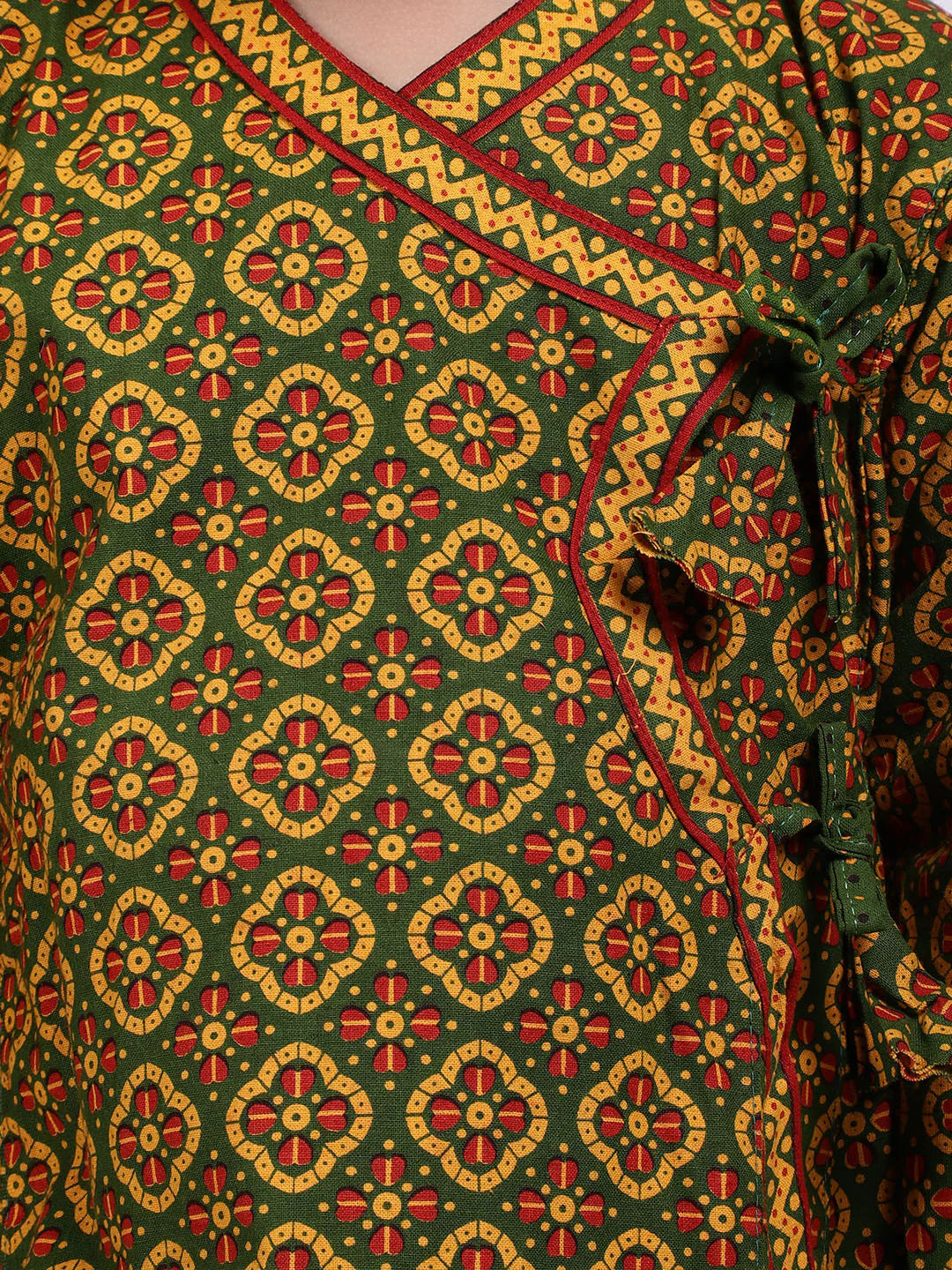 BownBee Boys Jaipuri Print Full Sleeves Angrakha Style Kurta & Dhoti Set