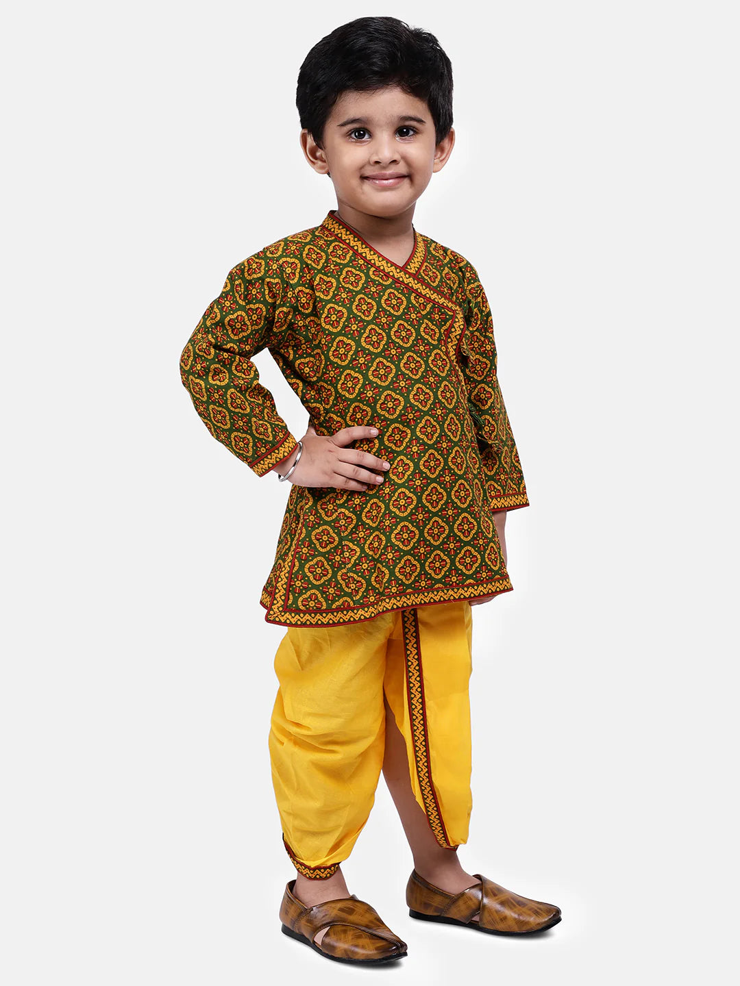 BownBee Boys Jaipuri Print Full Sleeves Angrakha Style Kurta & Dhoti Set