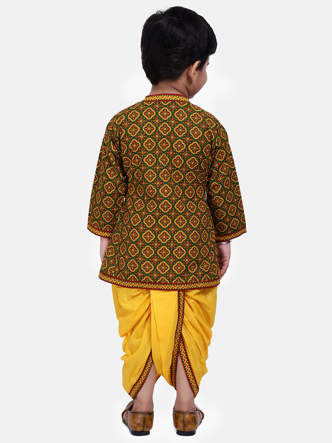 BownBee Boys Jaipuri Print Full Sleeves Angrakha Style Kurta & Dhoti Set - Green