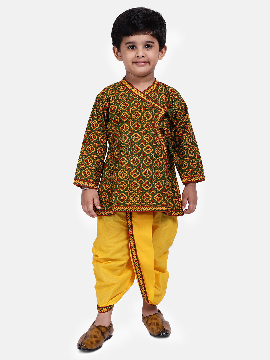 BownBee Boys Jaipuri Print Full Sleeves Angrakha Style Kurta & Dhoti Set - Green
