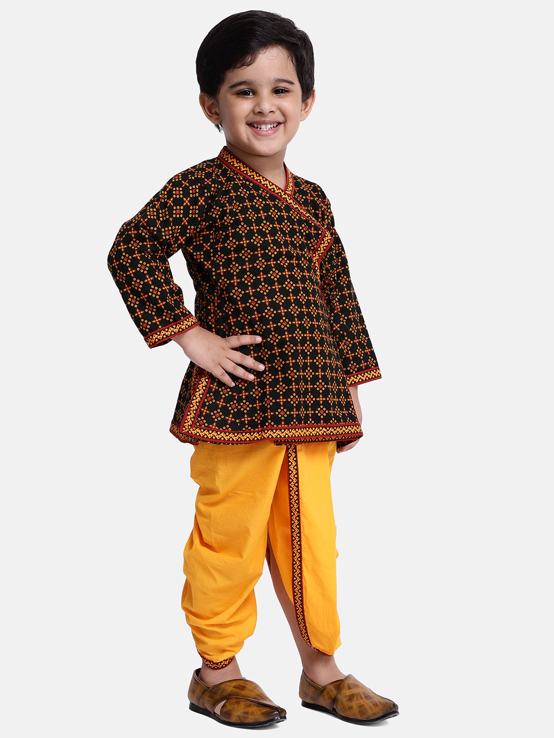 BownBee Full Sleeves Jaipuri Print Kurta With Dhoti - Black & Yellow