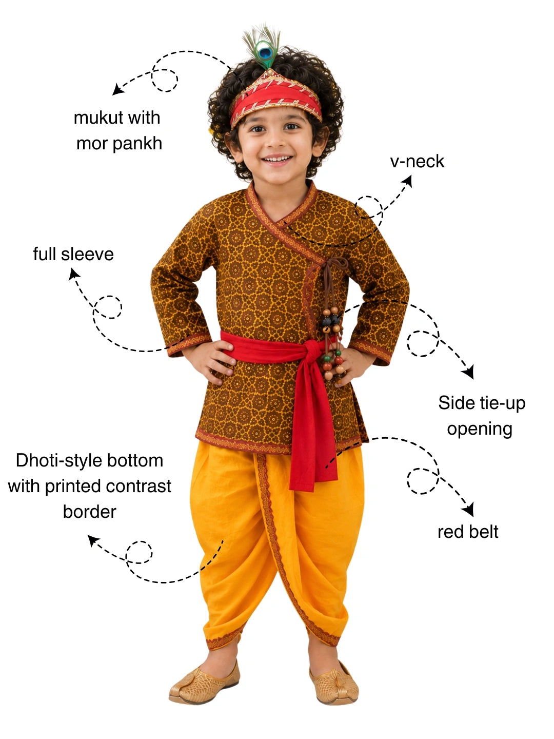 BownBee Jaipuri Print Cotton Kedia Dhoti With Bansuri , Mukut & Belt Set For Boys