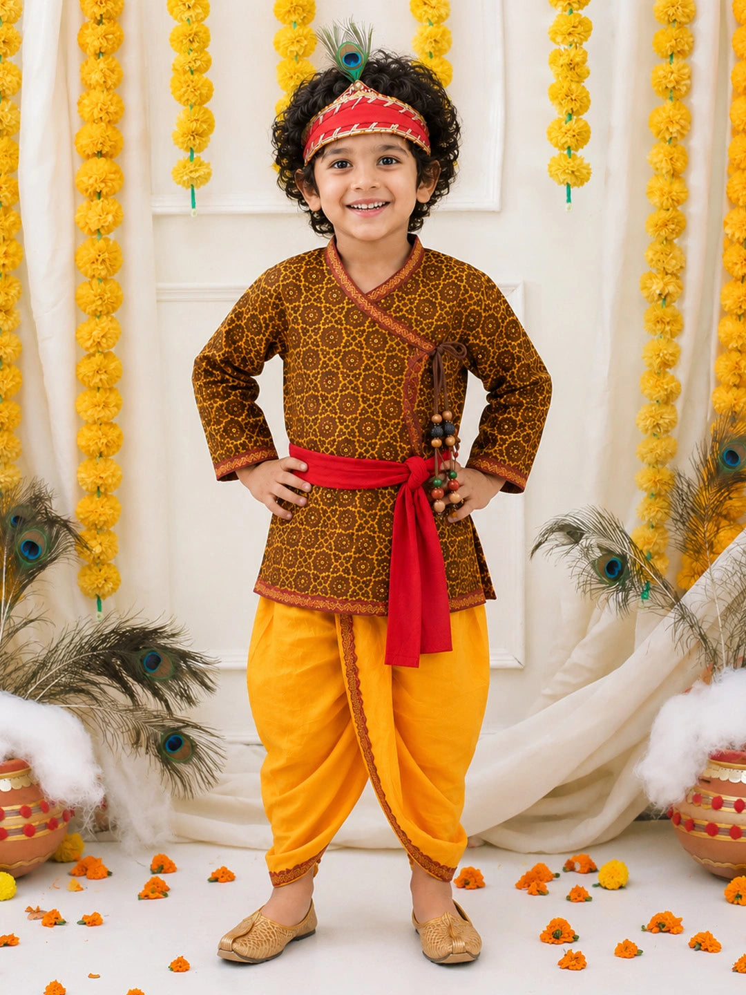 BownBee Jaipuri Print Cotton Kedia Dhoti With Bansuri , Mukut & Belt Set For Boys
