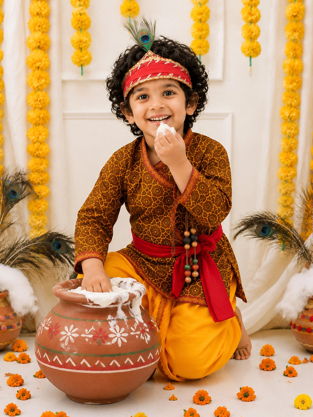 BownBee Jaipuri Print Cotton Kedia Dhoti With Bansuri , Mukut & Belt Set For Boys