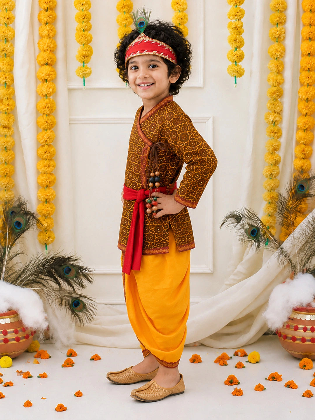 BownBee Jaipuri Print Cotton Kedia Dhoti With Bansuri , Mukut & Belt Set For Boys
