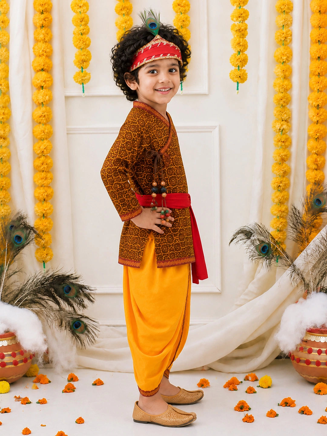 BownBee Jaipuri Print Cotton Kedia Dhoti With Bansuri , Mukut & Belt Set For Boys
