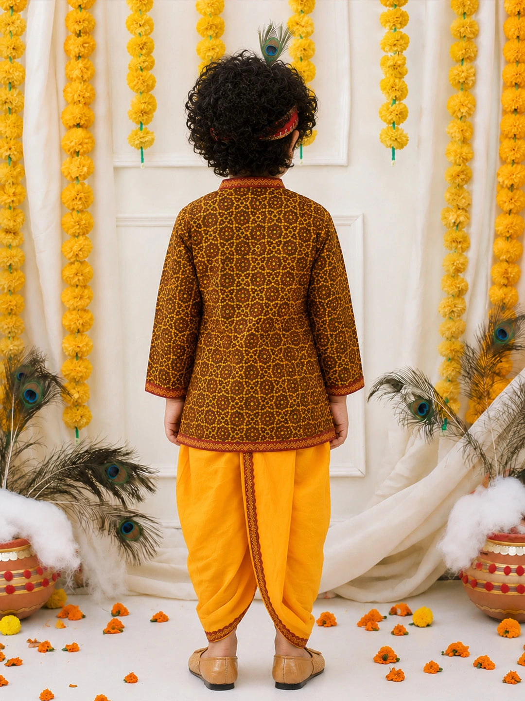 BownBee Jaipuri Print Cotton Kedia Dhoti With Bansuri , Mukut & Belt Set For Boys