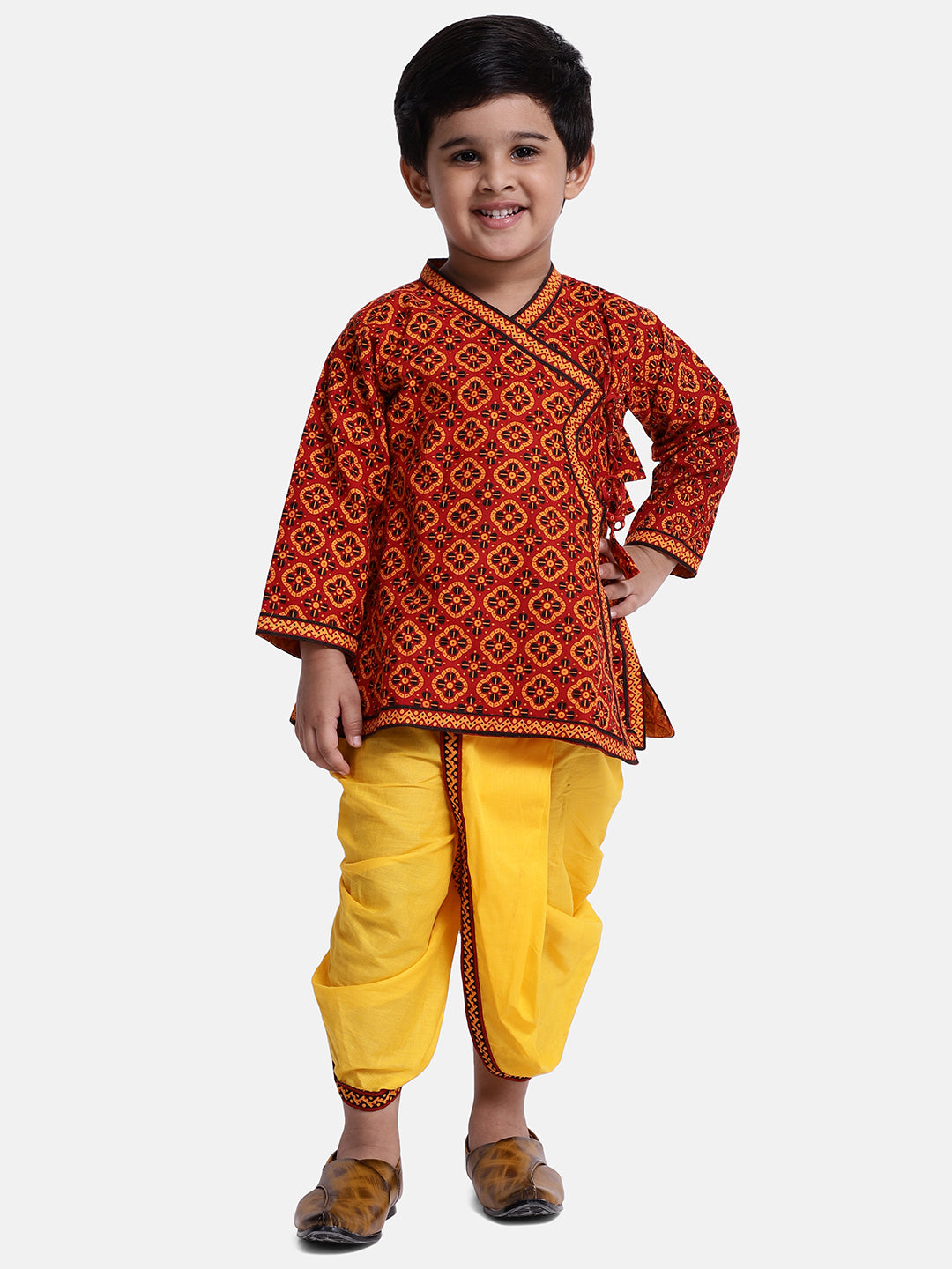 BownBee Full Sleeves All Over Printed Kurta With Dhoti - Red & Yellow